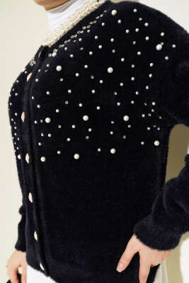 İncili Taşlı Sakallı Kısa Hırka Siyah - Triko Hırka