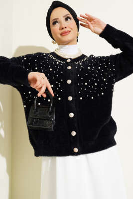 İncili Taşlı Sakallı Kısa Hırka Siyah - Triko Hırka