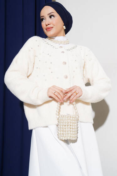 İncili Taşlı Sakallı Kısa Hırka Vanilya - Hırka