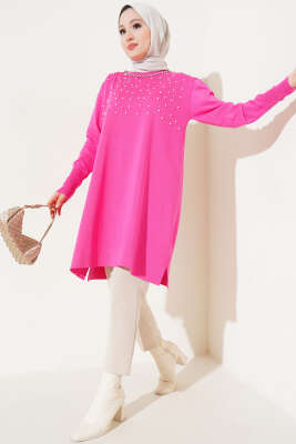 İncili Taşlı Triko Tunik Fuşya - Triko Tunik