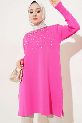 İncili Taşlı Triko Tunik Fuşya - Triko Tunik