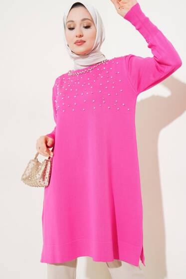 İncili Taşlı Triko Tunik Fuşya - Tunik