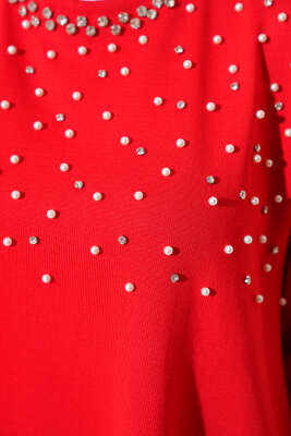 İncili Taşlı Triko Tunik Kırmızı - Triko Tunik