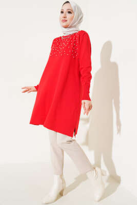İncili Taşlı Triko Tunik Kırmızı - Triko Tunik