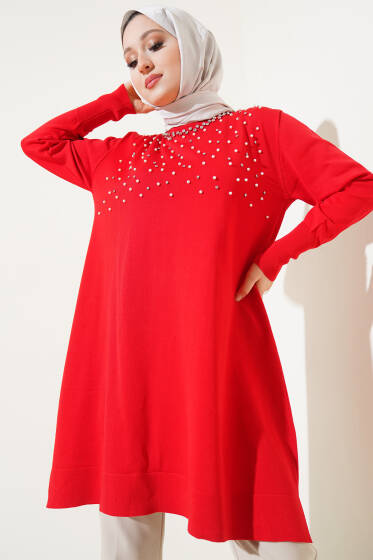 İncili Taşlı Triko Tunik Kırmızı - Tunik