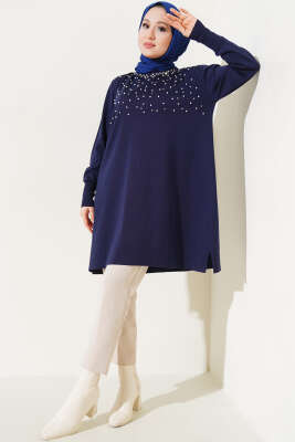İncili Taşlı Triko Tunik Lacivert - Triko Tunik