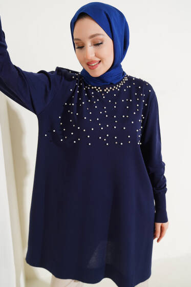 İncili Taşlı Triko Tunik Lacivert - Tunik
