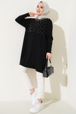 İncili Taşlı Triko Tunik Siyah - Triko Tunik