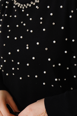 İncili Taşlı Triko Tunik Siyah - Triko Tunik