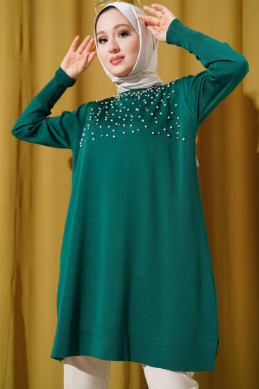 İncili Taşlı Triko Tunik Zümrüt - Tunik