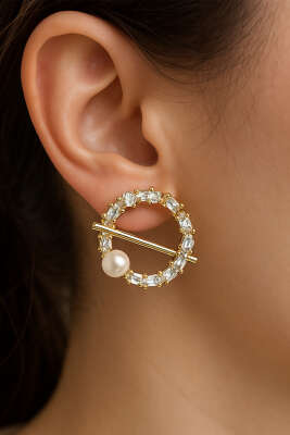 İncili Taşlı Yuvarlak Küpe Gold 