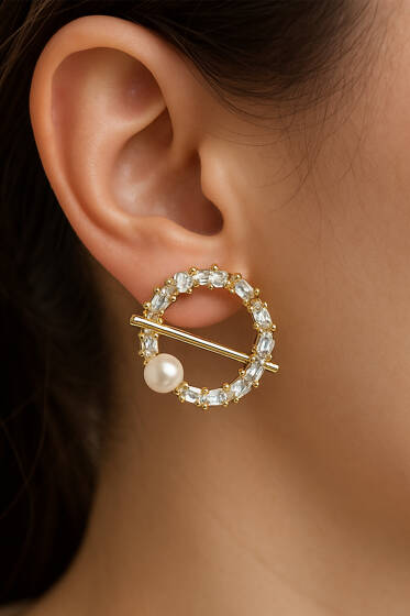 İncili Taşlı Yuvarlak Küpe Gold - Küpe