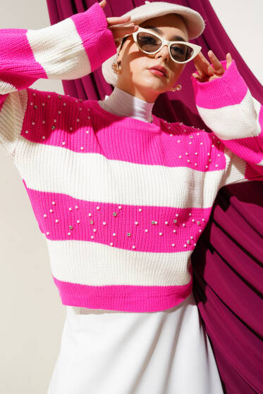 İncili Triko Crop Kazak Fuşya Kemik - Triko Kazak