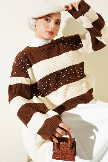 İncili Triko Crop Kazak Kahve Bej - Triko Kazak