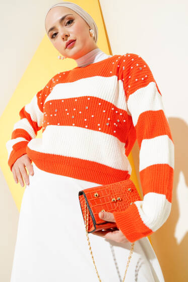 İncili Triko Crop Kazak Oranj Kemik - Triko Kazak
