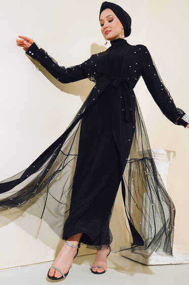 İncili Tül Abaya Takım Siyah - Tesettür Elbise