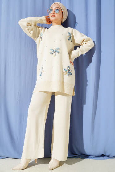 İncili Tül Çiçekli Triko İkili Takım Bej - İkili Takım