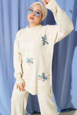 İncili Tül Çiçekli Triko İkili Takım Bej - İkili Takım