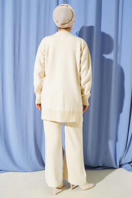 İncili Tül Çiçekli Triko İkili Takım Bej - İkili Takım