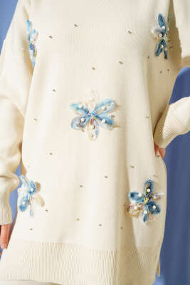 İncili Tül Çiçekli Triko İkili Takım Bej - İkili Takım