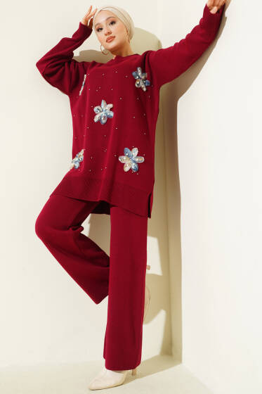 İncili Tül Çiçekli Triko İkili Takım Bordo - İkili Takım