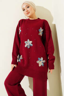 İncili Tül Çiçekli Triko İkili Takım Bordo - İkili Takım