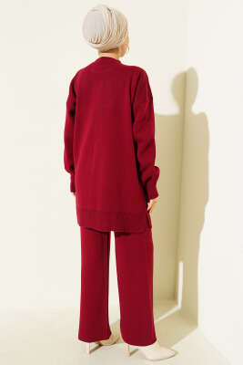 İncili Tül Çiçekli Triko İkili Takım Bordo - İkili Takım