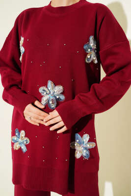 İncili Tül Çiçekli Triko İkili Takım Bordo - İkili Takım