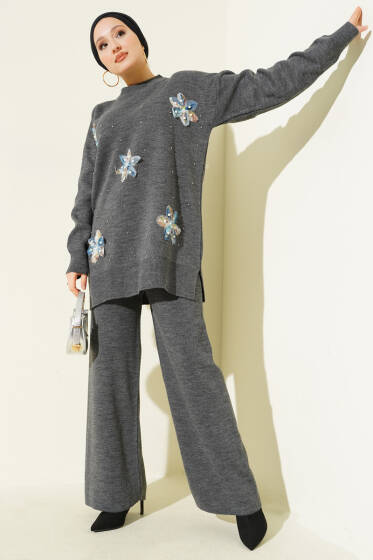 İncili Tül Çiçekli Triko İkili Takım Füme - İkili Takım