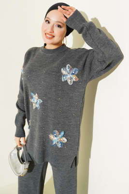 İncili Tül Çiçekli Triko İkili Takım Füme - İkili Takım