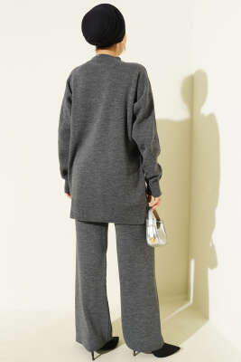 İncili Tül Çiçekli Triko İkili Takım Füme - İkili Takım