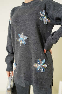 İncili Tül Çiçekli Triko İkili Takım Füme - İkili Takım