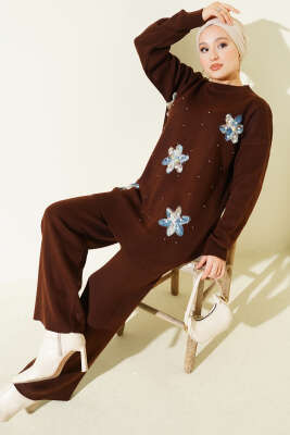 İncili Tül Çiçekli Triko İkili Takım Kahve - SUDE NAZ