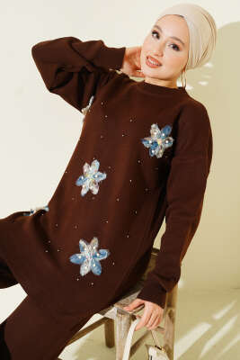 İncili Tül Çiçekli Triko İkili Takım Kahve - İkili Takım