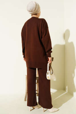 İncili Tül Çiçekli Triko İkili Takım Kahve - İkili Takım