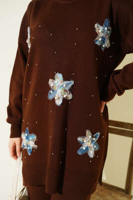 İncili Tül Çiçekli Triko İkili Takım Kahve - İkili Takım