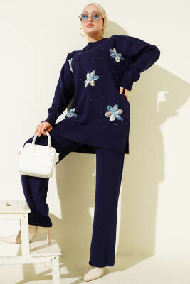 İncili Tül Çiçekli Triko İkili Takım Lacivert - İkili Takım