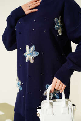 İncili Tül Çiçekli Triko İkili Takım Lacivert - İkili Takım