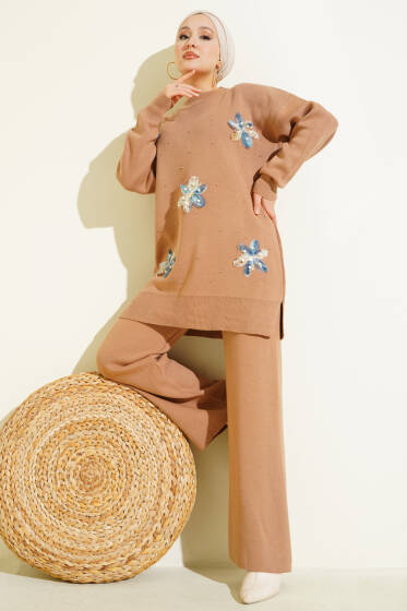 İncili Tül Çiçekli Triko İkili Takım Latte - İkili Takım