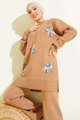 İncili Tül Çiçekli Triko İkili Takım Latte - İkili Takım