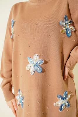 İncili Tül Çiçekli Triko İkili Takım Latte - İkili Takım