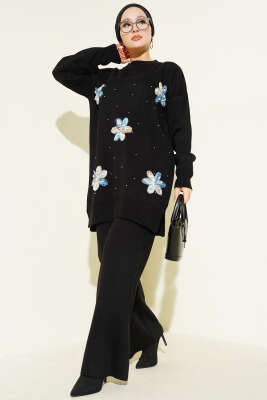 İncili Tül Çiçekli Triko İkili Takım Siyah - SUDE NAZ