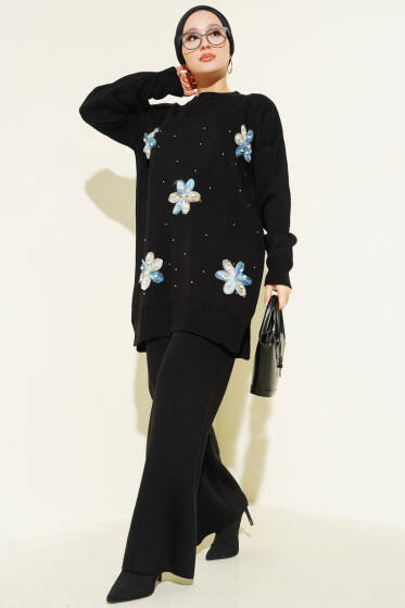 İncili Tül Çiçekli Triko İkili Takım Siyah - İkili Takım