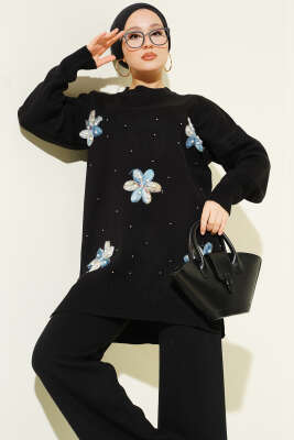 İncili Tül Çiçekli Triko İkili Takım Siyah - İkili Takım