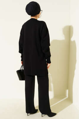 İncili Tül Çiçekli Triko İkili Takım Siyah - İkili Takım