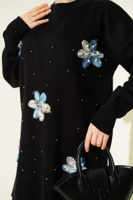 İncili Tül Çiçekli Triko İkili Takım Siyah - İkili Takım