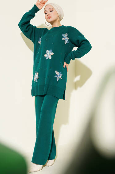 İncili Tül Çiçekli Triko İkili Takım Zümrüt - İkili Takım