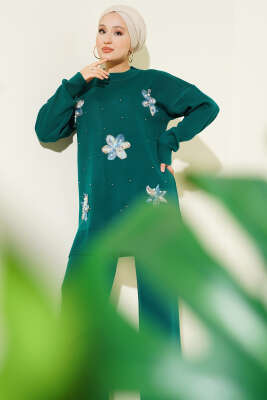 İncili Tül Çiçekli Triko İkili Takım Zümrüt - İkili Takım