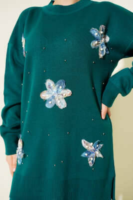 İncili Tül Çiçekli Triko İkili Takım Zümrüt - İkili Takım