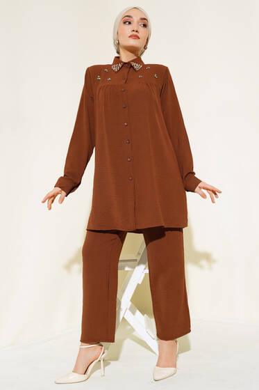 İncili Tunik Takım Ayrobin Kahve - İkili Takım
